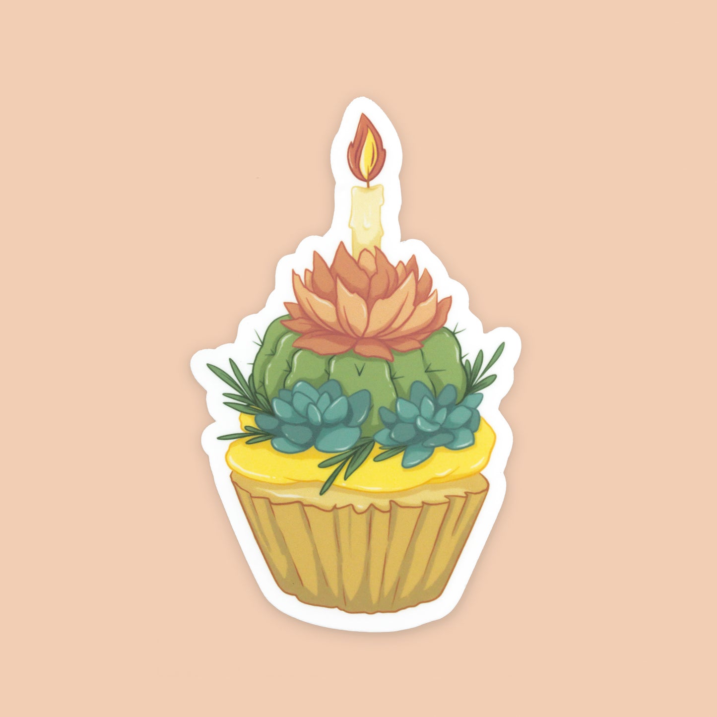 Cactus & Succulent Cupcake w/ Candle Vinyl Die-cut Sticker